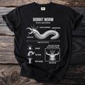 Black t-shirt with diagram of a Bobbit worm, its features, and behavior.