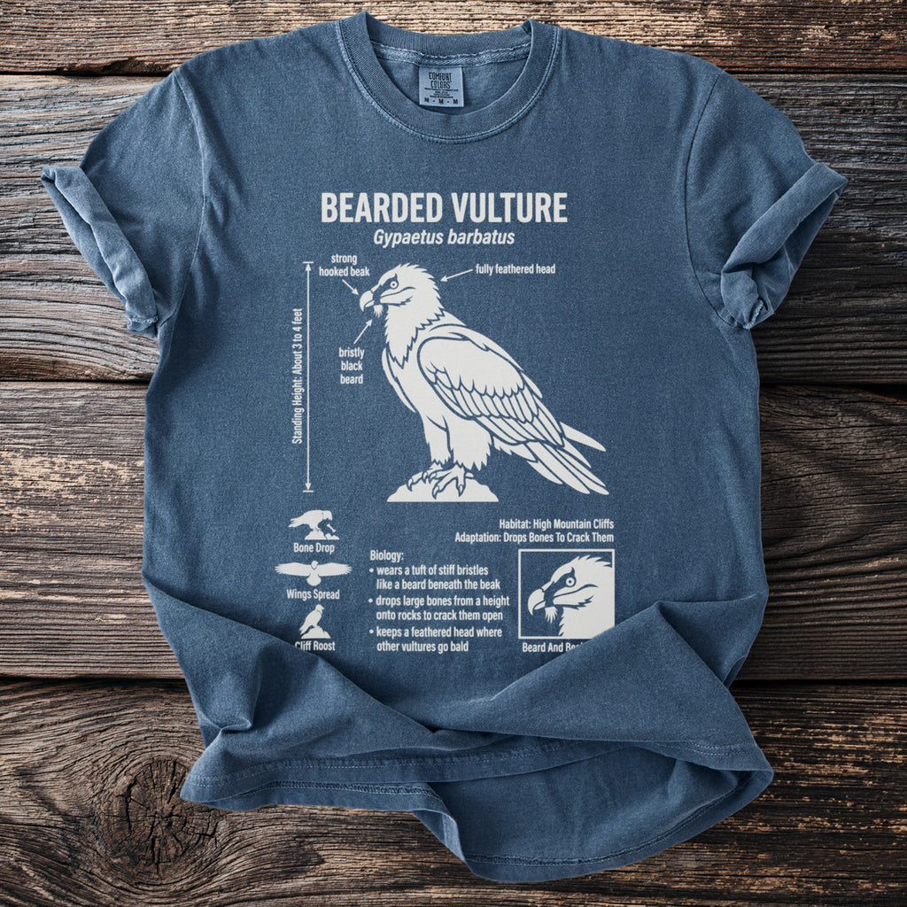 T-shirt with diagram labeled Bearded Vulture, Gypaetus barbatus, showing anatomy and behavior.