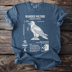 T-shirt with diagram labeled Bearded Vulture, Gypaetus barbatus, showing anatomy and behavior.