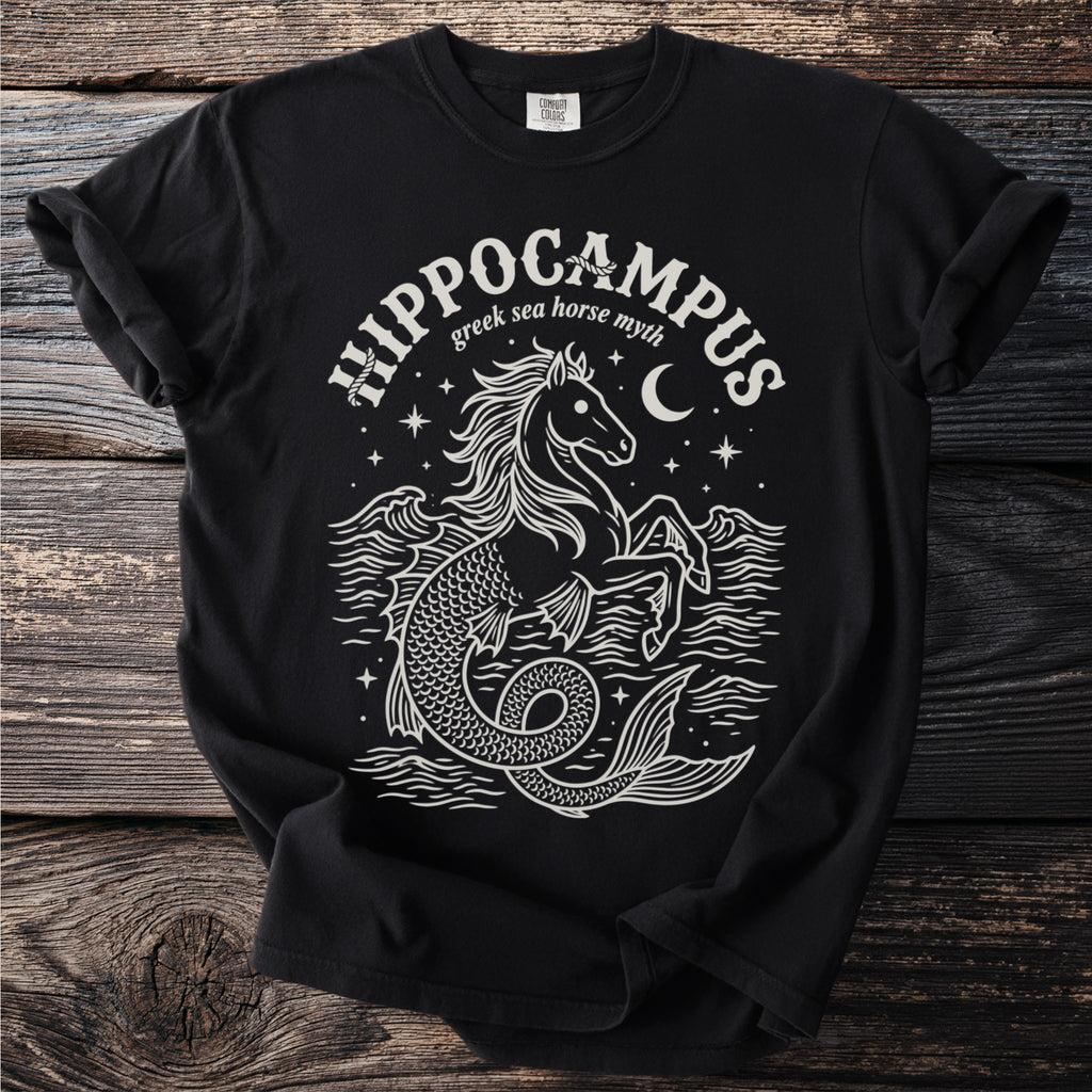 Black t-shirt with "Hippocampus" Greek sea horse myth graphic.