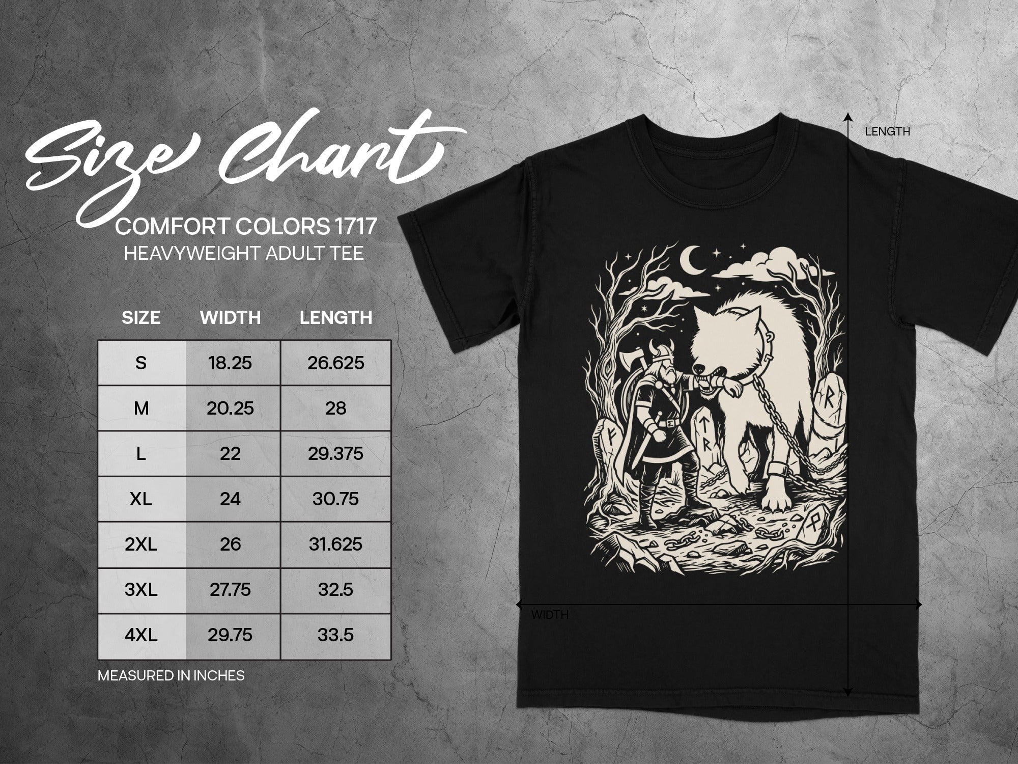 Size chart for Comfort Colors 1717 heavyweight adult tee with Viking and wolf graphic.