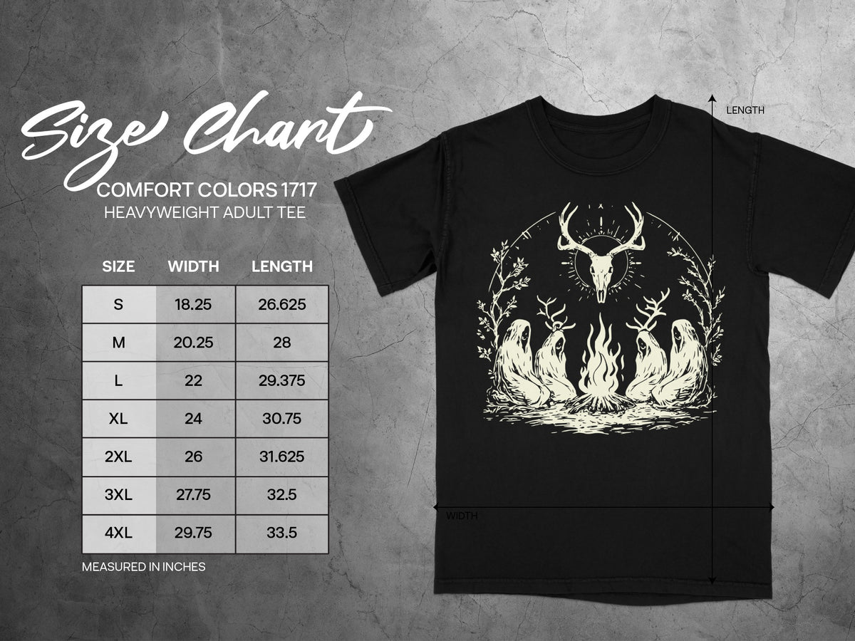 Comfort Colors 1717 heavyweight adult tee size chart with width and length measurements in inches.