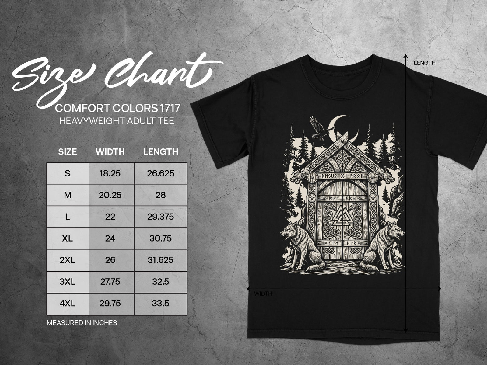Size chart for Comfort Colors 1717 heavyweight adult tee, with measurements in inches.