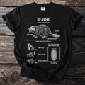 Black t-shirt with a scientific illustration of a beaver, its features, and behaviors.