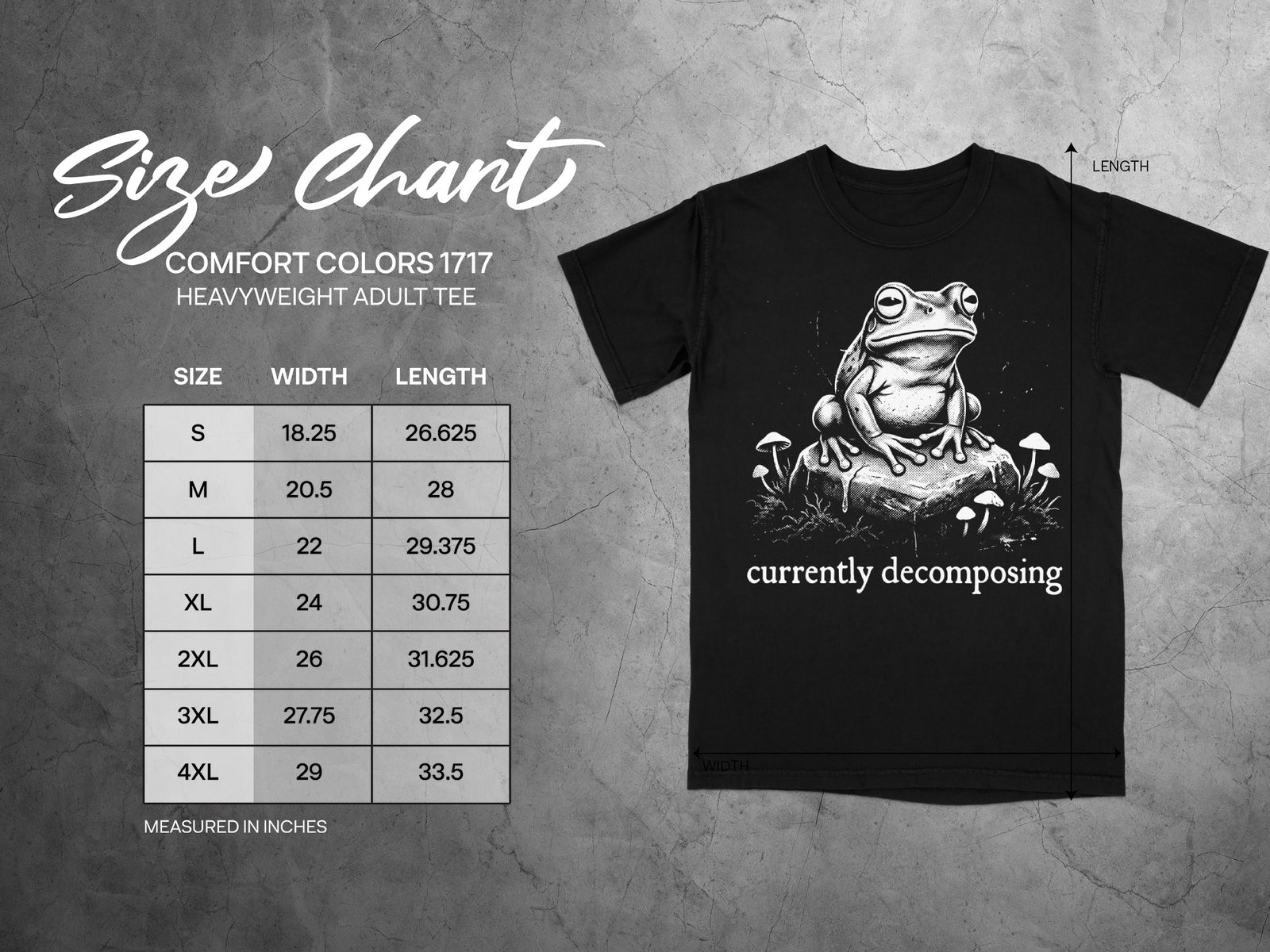 Size chart for Comfort Colors 1717 heavyweight adult tee with frog graphic.
