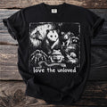 Black t-shirt with graphic of assorted animals and text "love the unloved".