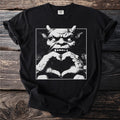 Black t-shirt with a distressed white illustration of a gargoyle making a heart shape.