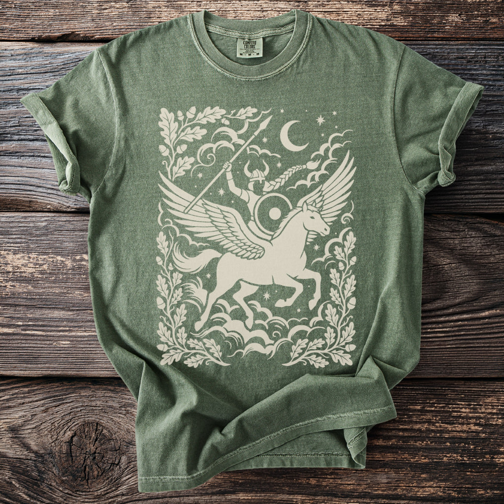 Green t-shirt with a cream graphic of a winged horse carrying a warrior.