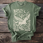 Green t-shirt with a cream graphic of a winged horse carrying a warrior.