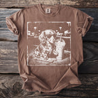 Brown t-shirt featuring a vintage graphic of a dachshund wearing sunglasses with a drink.