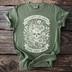 Green t-shirt with white graphic of skull, snake, plants, and text.