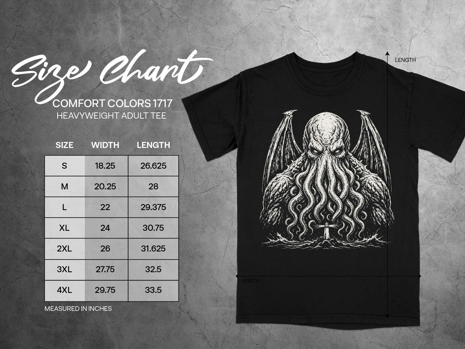 Comfort Colors 1717 heavyweight adult tee size chart with width and length measurements.