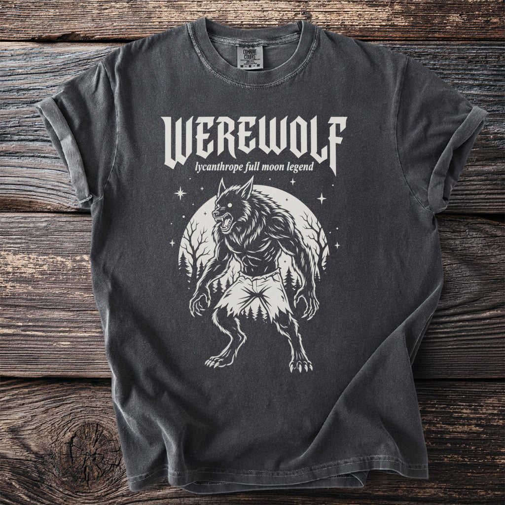 Dark gray t-shirt with white graphic: WEREWOLF, lycanthrope full moon legend, and a werewolf.