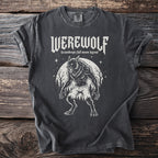 Dark gray t-shirt with white graphic: WEREWOLF, lycanthrope full moon legend, and a werewolf.