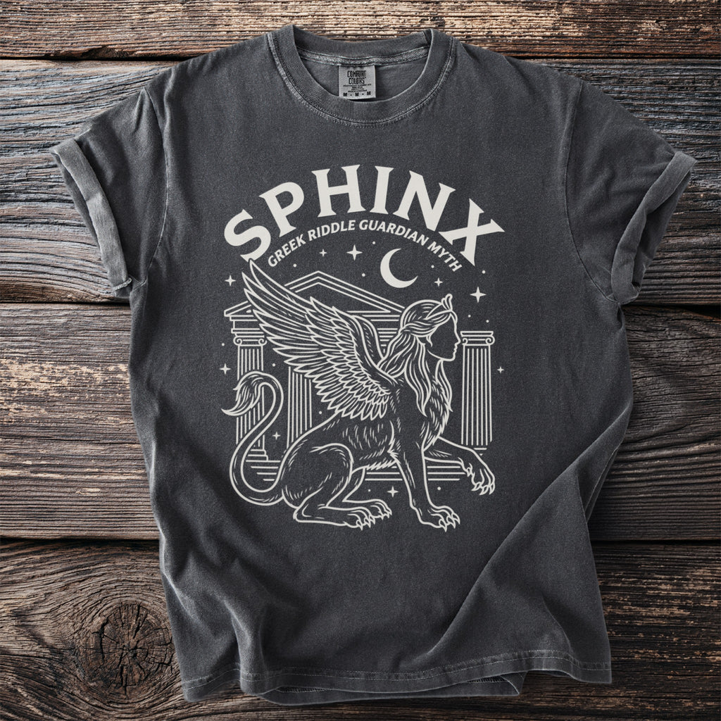Dark grey t-shirt with white Sphinx graphic and text "SPHINX GREEK RIDDLE GUARDIAN MYTH".