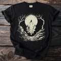 Black t-shirt with spectral figure in a moonlit forest graphic.