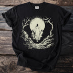 Black t-shirt with spectral figure in a moonlit forest graphic.