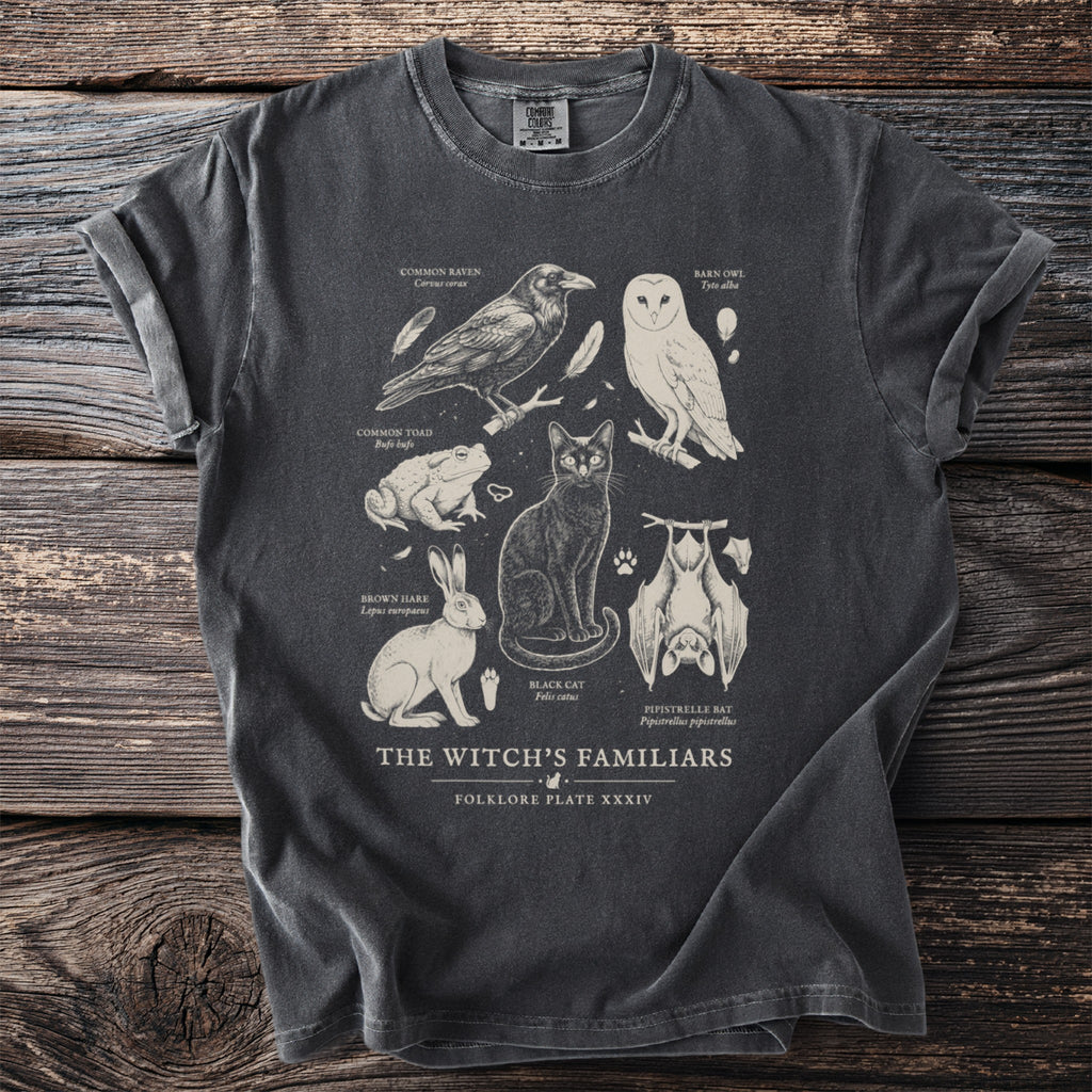 Dark gray t-shirt with illustrations of witch's familiars: raven, owl, toad, hare, cat, bat.