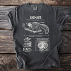 Dark t-shirt with diagram of an Aye-Aye, its features, and facts.