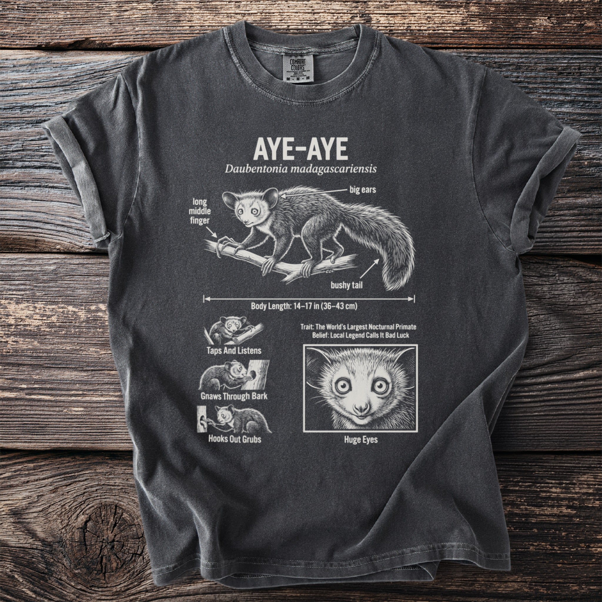 Dark t-shirt with diagram of an Aye-Aye, its features, and facts.