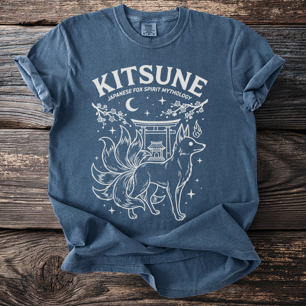 Navy t-shirt with white "KITSUNE JAPANESE FOX SPIRIT MYTHOLOGY" text and graphic.