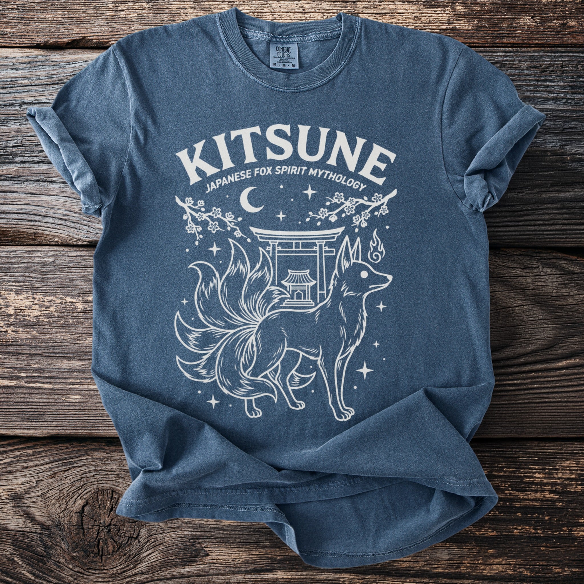 Navy t-shirt with white "KITSUNE JAPANESE FOX SPIRIT MYTHOLOGY" text and graphic.