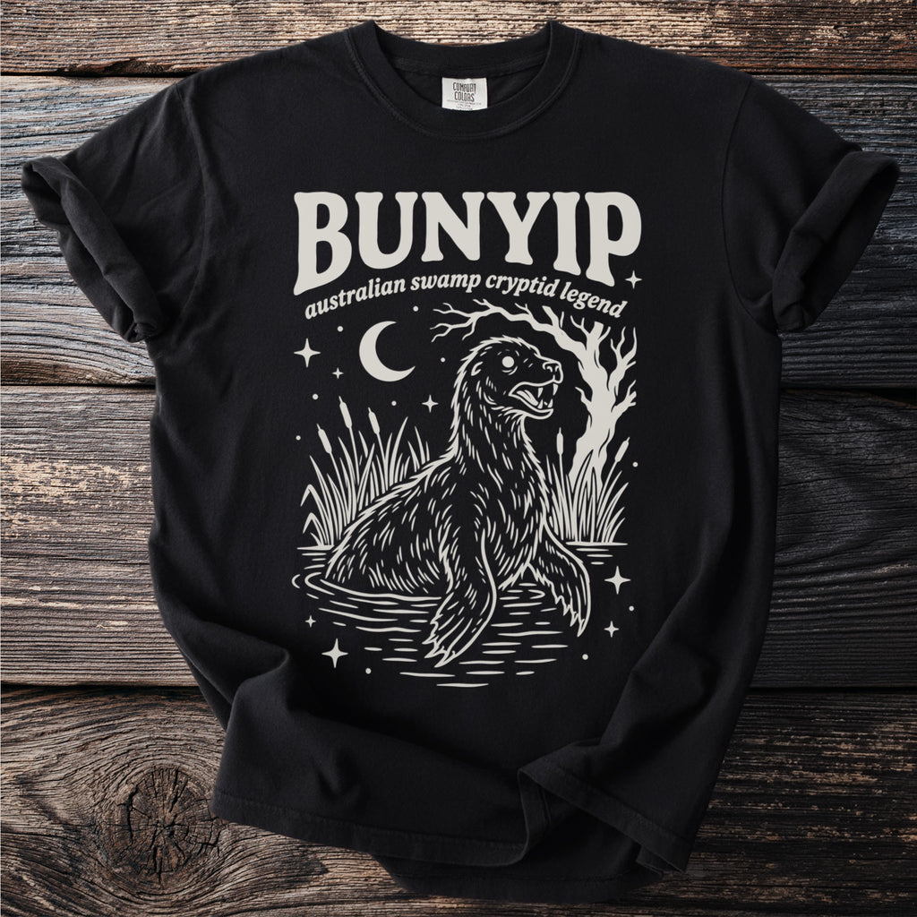 Bunyip Australian swamp cryptid legend graphic on a black t-shirt.