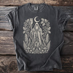 Dark grey t-shirt with a cream-colored graphic of a wizard, owl, moon, and forest elements.