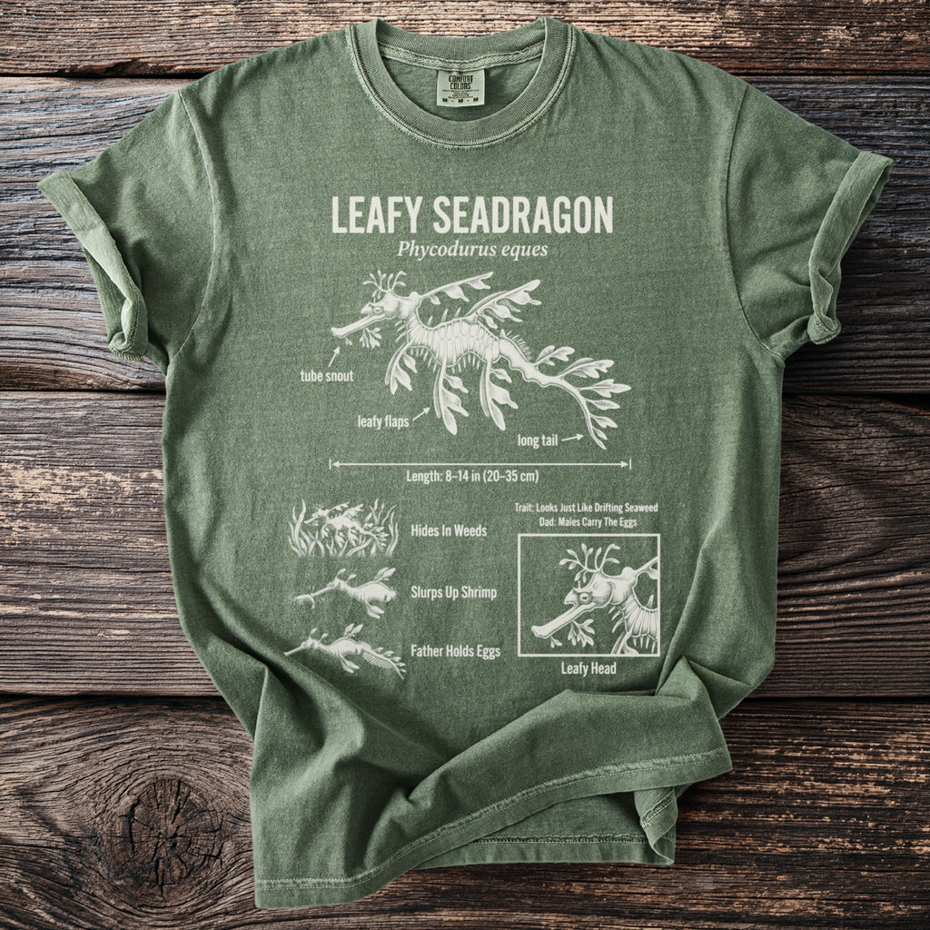 Green t-shirt with diagram of leafy seadragon and anatomical labels.