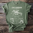 Green t-shirt with diagram of leafy seadragon and anatomical labels.