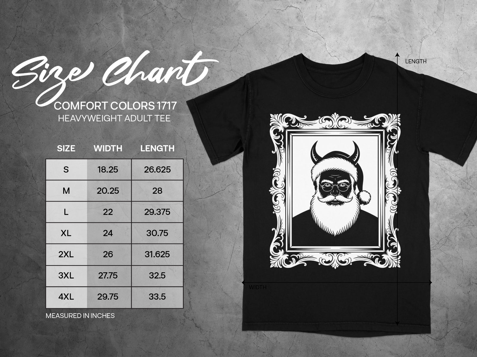 Comfort Colors 1717 heavyweight adult tee size chart with measurements.