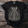 Black t-shirt with ornate illustration of a crowned woman, crescent moon, and crows.