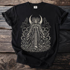 Black t-shirt with ornate illustration of a crowned woman, crescent moon, and crows.