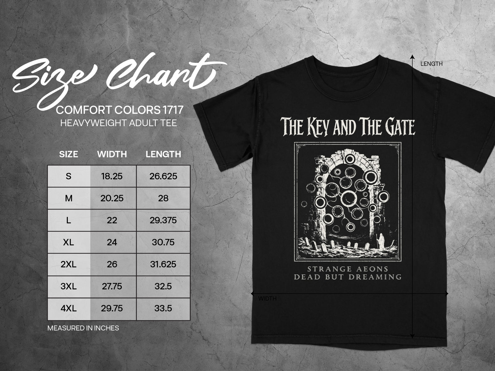 Comfort Colors 1717 heavyweight adult tee size chart for width and length.