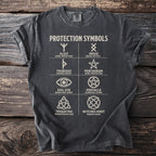 Dark t-shirt with "Protection Symbols" text and six protection symbols with descriptions.