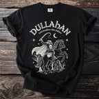 Black t-shirt with "Dullahan Irish Headless Rider Folklore" graphic featuring a skeletal rider on a horse.