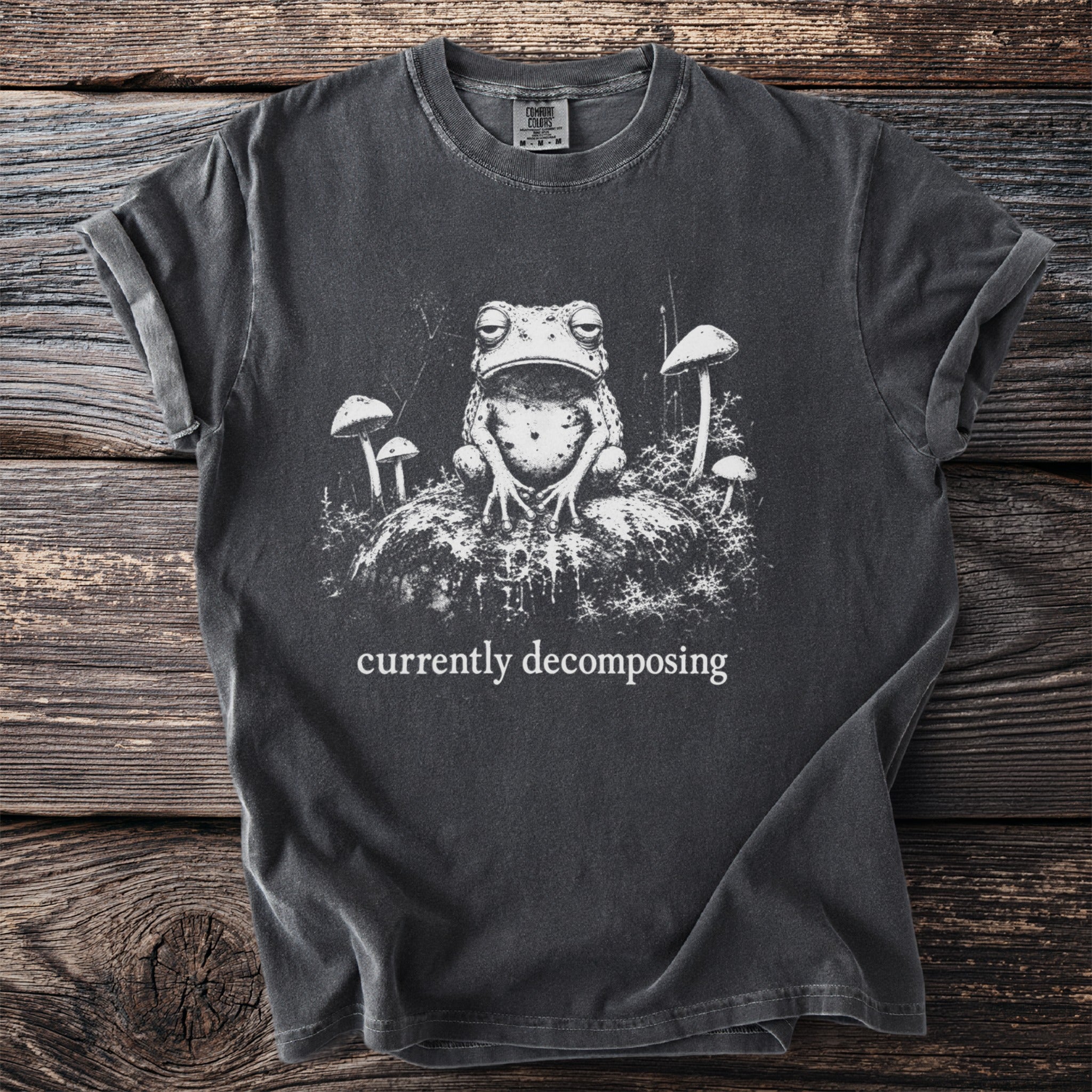 Dark gray t-shirt with a detailed graphic of a toad and mushrooms, text reads "currently decomposing".