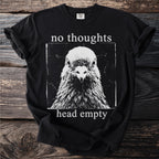 Black t-shirt with "no thoughts head empty" text and a pigeon graphic.