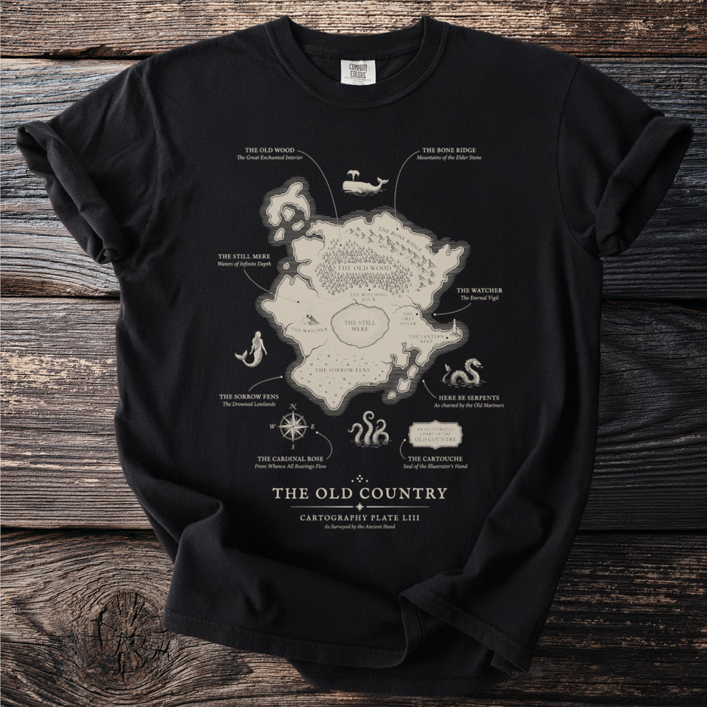 Black t-shirt displaying a fantasy map titled "The Old Country" with labeled regions.