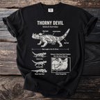 Thorny Devil diagram showing its features, body length, and behaviors on a black t-shirt.