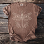 Brown t-shirt with celestial dragonfly and floral design.