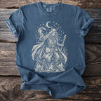 Blue t-shirt with a lunar, runic, and mystic shaman illustration.