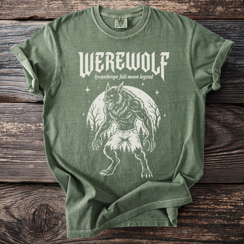 Green t-shirt with white werewolf graphic and text "Werewolf lycanthrope full moon legend".