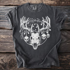 Dark t-shirt with white graphic of deer skull, antlers, skulls, and Christmas lights.
