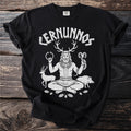 Black t-shirt with white Cernunnos design, featuring a seated figure with antlers, ram, snake, deer, and boar.