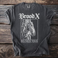 Brood X "Reunion Tour" t-shirt featuring a cicada on a tree with text.