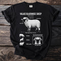 Valais Blacknose Sheep diagram on black t-shirt with detailed sheep illustration.
