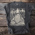Dark gray t-shirt showing Odin with a wolf at his feet and two ravens overhead.