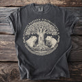 Dark gray t-shirt with Yggdrasil tree and two bears graphic.