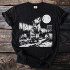 Black t-shirt with graphic of three possums near a trash can under a full moon.